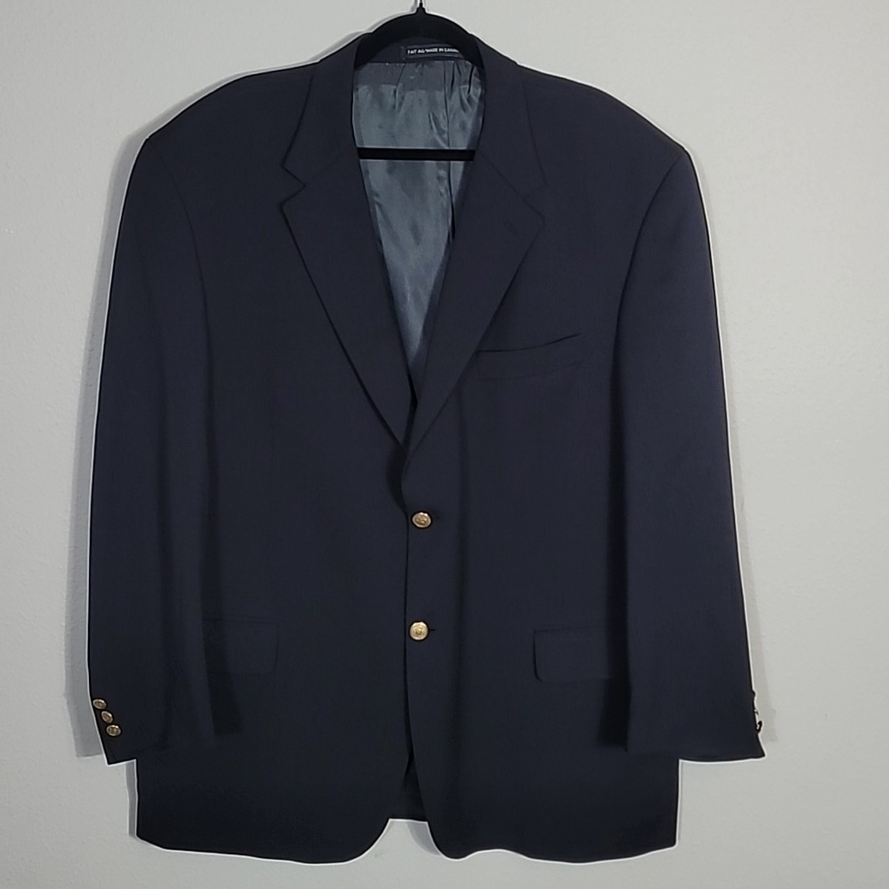 S Cohen Men 100% Wool Blazer Size 48R Navy Blue Gold Buttons Classic Formal